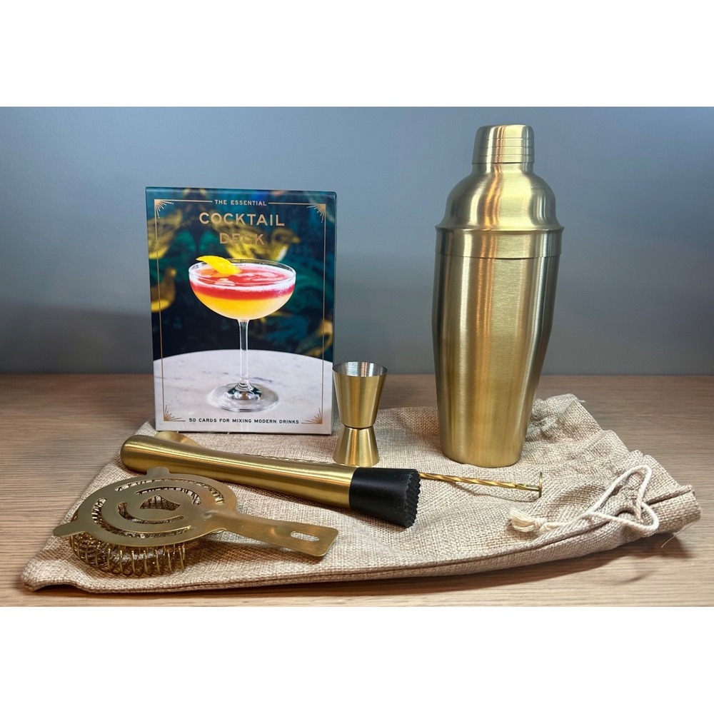 Gold Cocktail Shaker Set Bar Tools w/ Essential Cocktail Deck New Open Box